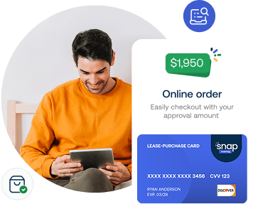 Man using a tablet next to a Snap Finance lease-purchase card showing $1,950 approval for online ordering.