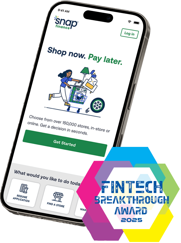 A phone with an example image from the Snap mobile app. Overlaid is an logo that says "Fintech Breakthrough Award 2025".