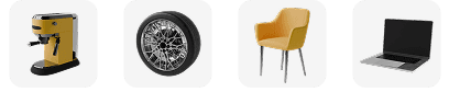Row of product images including a yellow espresso machine, a car tire, a yellow chair, and a laptop on white backgrounds.