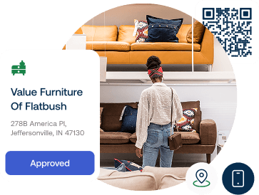 Woman browsing a furniture store with Snap Finance approval for “Value Furniture Of Flatbush” and a QR code displayed on screen.