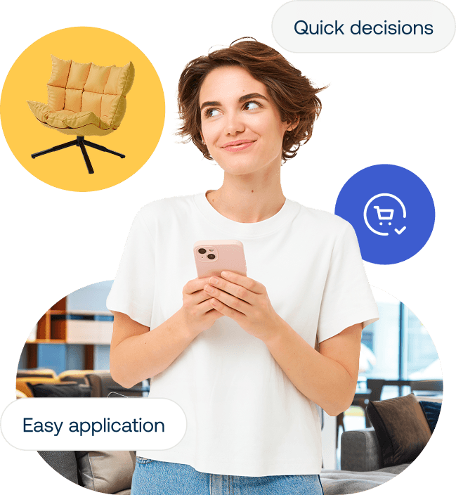 Woman holding a smartphone and smiling, with icons for quick decisions and easy application, plus an image of a yellow chair.